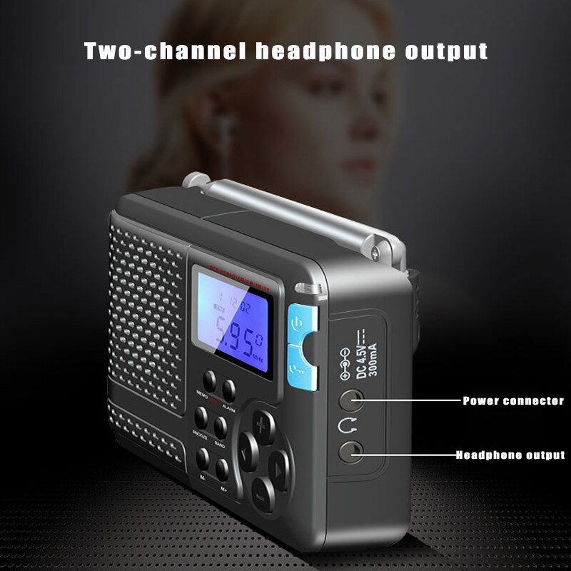 Portable Radio FM/AM/SW/TV Full Band Radio with Timing Alarm Clock Dual Channel Headphone Output MP3 Player Receiver