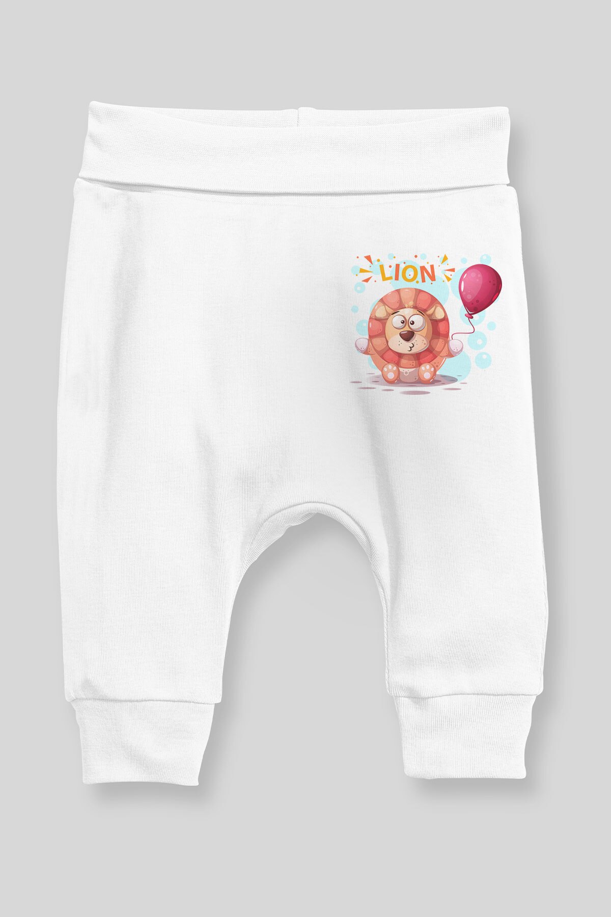 Angemiel baby zittend ballon vasthoudend leeuw baby jongen harem broek pantalon wit