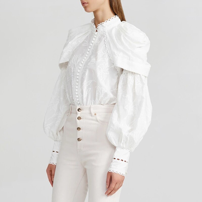 VGH-camisa con bordado blanco para mujer, blusa informal de manga farol con cuello levantado, Ropa nueva de para otoño
