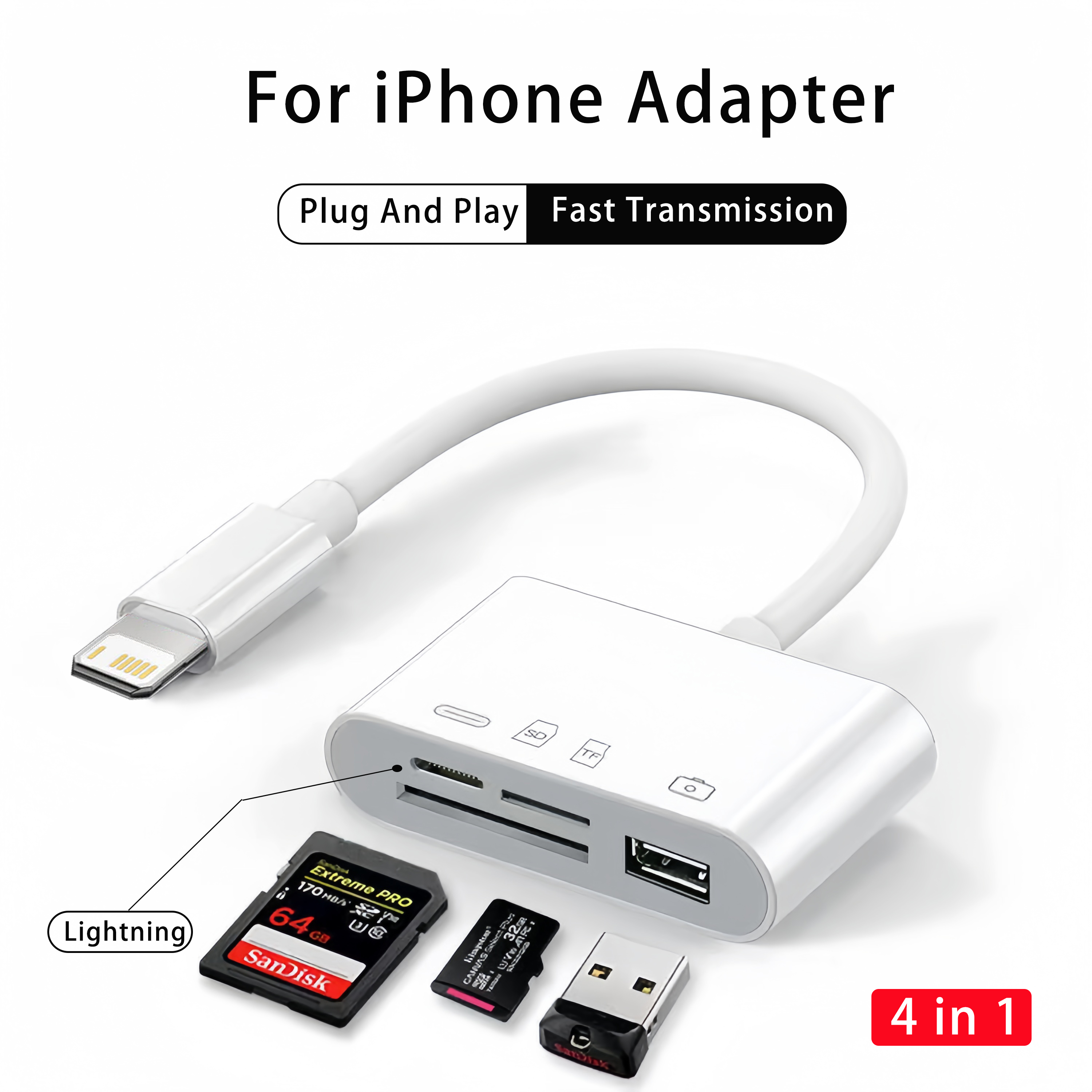 4-in-1-USB-Kartenleser SD/TF-Karte für iPhone 14 13 12 11 Profi Max Blitz Schnellladeanschluss für iPad-Kamera-MacBook-Adapter: Weiß