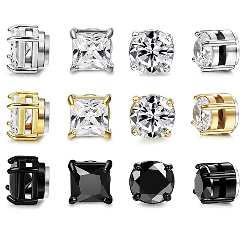 6 Pairs of Stainless Steel Magnetic Stud Earrings Male Female Zircon Magnet Non-perforated Clip Earrings Set Black Steel Gold: 1 Set-6pairs