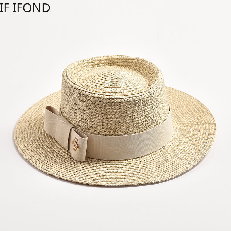 Sombreros de paja para mujer, sombrero de paja redondo con superficie irregular, Top plano con lazo, vestido, Gorra de viaje para playa, novedad de primavera y verano