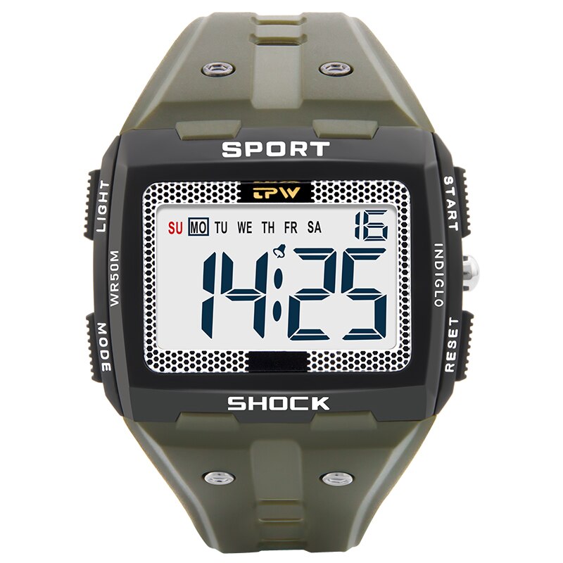 Grote Cijfers Mannen Sport Horloge Digitale Multifunctionele Alarm Chrono 5Bar Waterdicht Back Light Vierkante Scherm: Army Green