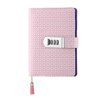 Kawaii A6 Korean lock leather notebook writing pads flower girl loose leaf password mini lockable diary school supplies: Pink / Cover with paper