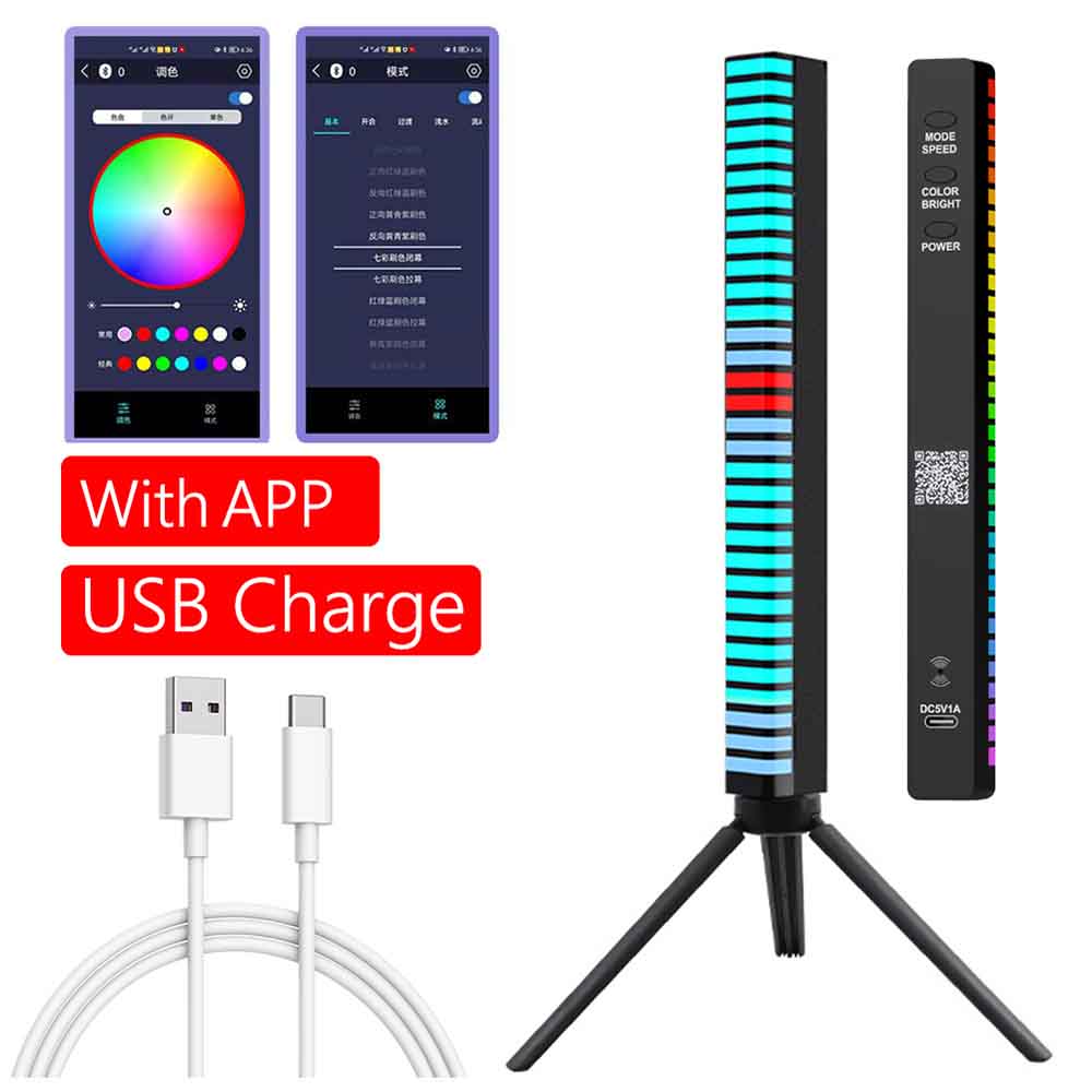 Barra de luz LED RGB para coche y hogar, lámpara ambiental con Control de sonido, música, ambiente, Pickup Rhythm, USB/tipo C, 32 LED: USB with Base / Negro