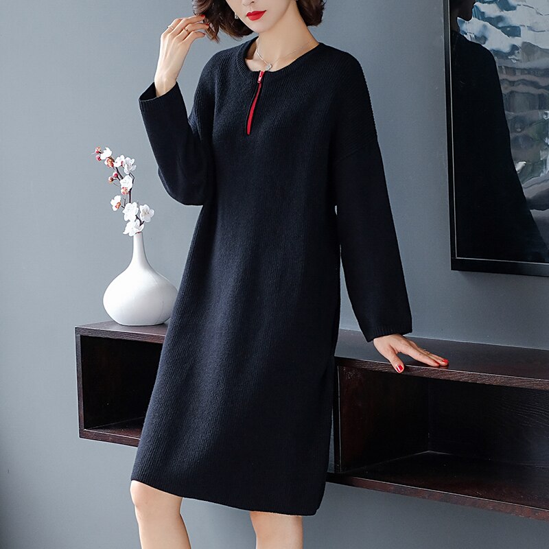 Korean style Women Long Sleeve Knitted Sweater Dresses Knitwear loose dress