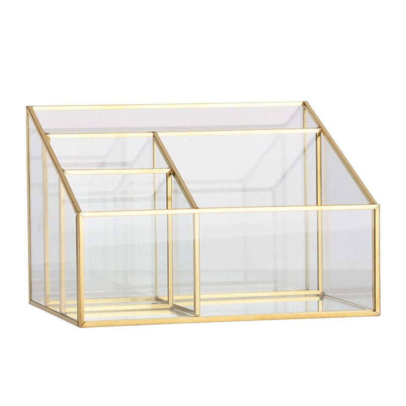 Vintage cosmetica organizer van glas en metaal met 4 compartimenten voor make-upkwasten, parfum, lippenstift, nagellak, goudkleurig: Default Title