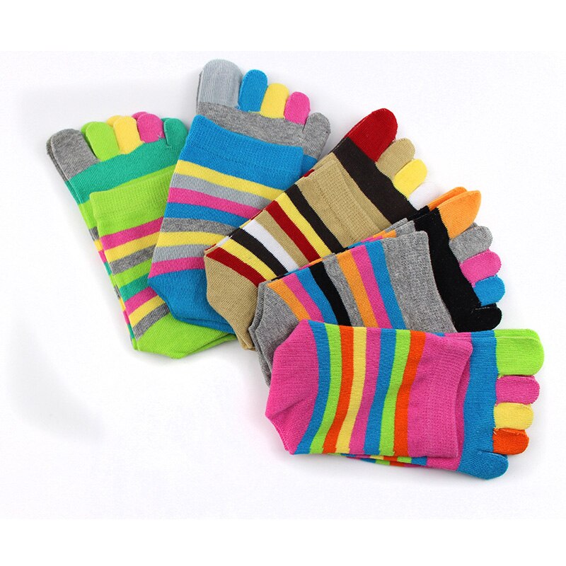 Goede Vrouwen Meisje Sokken Met Tenen Puur Katoen Gestreepte Kleurrijke Street Novelty Harajuku Gelukkig Vijf Vinger Sokken