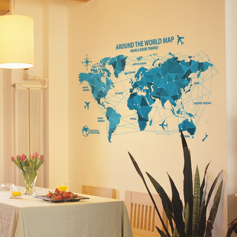 Waterproof 3d blue world map wall stickers office rooms decals decor wall art bedroom for home decorations wall decals