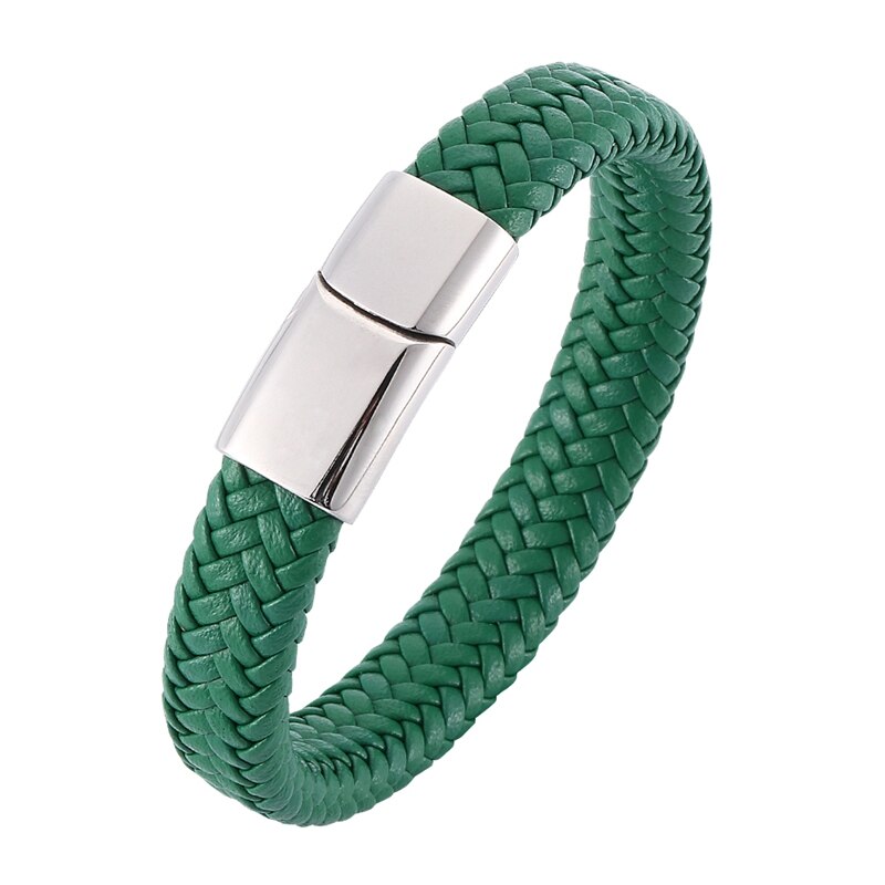 Pulsera de cuero trenzado verde para hombre, joyería masculina de acero inoxidable, Cierre magnético, Pulseras de , accesorios SP0016