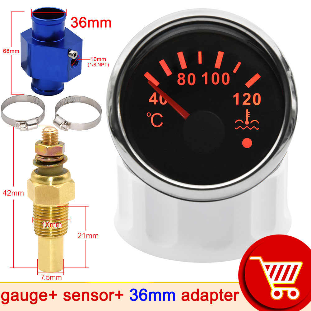 52mm Water Temp Gauge with Alarm Light 40-120℃ Truck Moto Car Temperature Sensor 10mm Water Coolant Temperature Sensors Adapter: With 36mm adapter