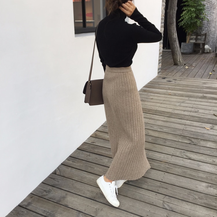 Winter herfst brei rok hoge taille ol lange kokerrok dames open spleet warme dikke gebreide casual vintage maxi rok