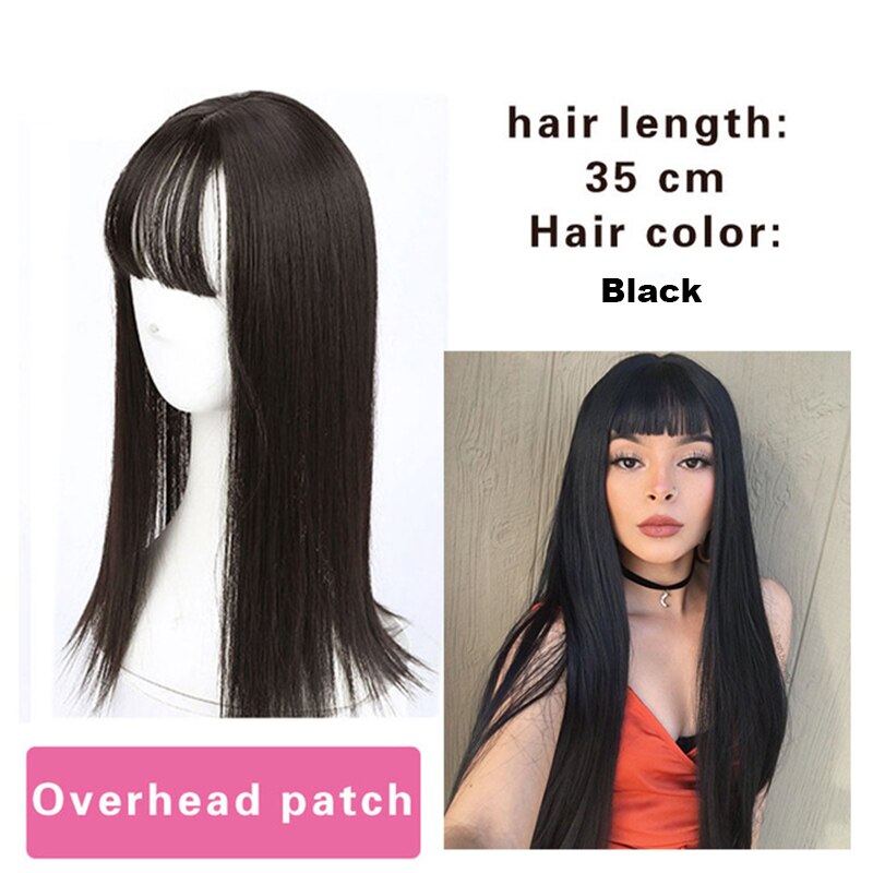 AILIADE Women 2 Clips In One Piece Hair Extension Long Straight Hair Extension Synthetic Topper Hair Piece With Bangs: 35CM Black
