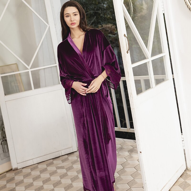 Bridesmai-Albornoz largo de terciopelo para mujer, bata de encaje para , suave, peluda, para boda, color morado