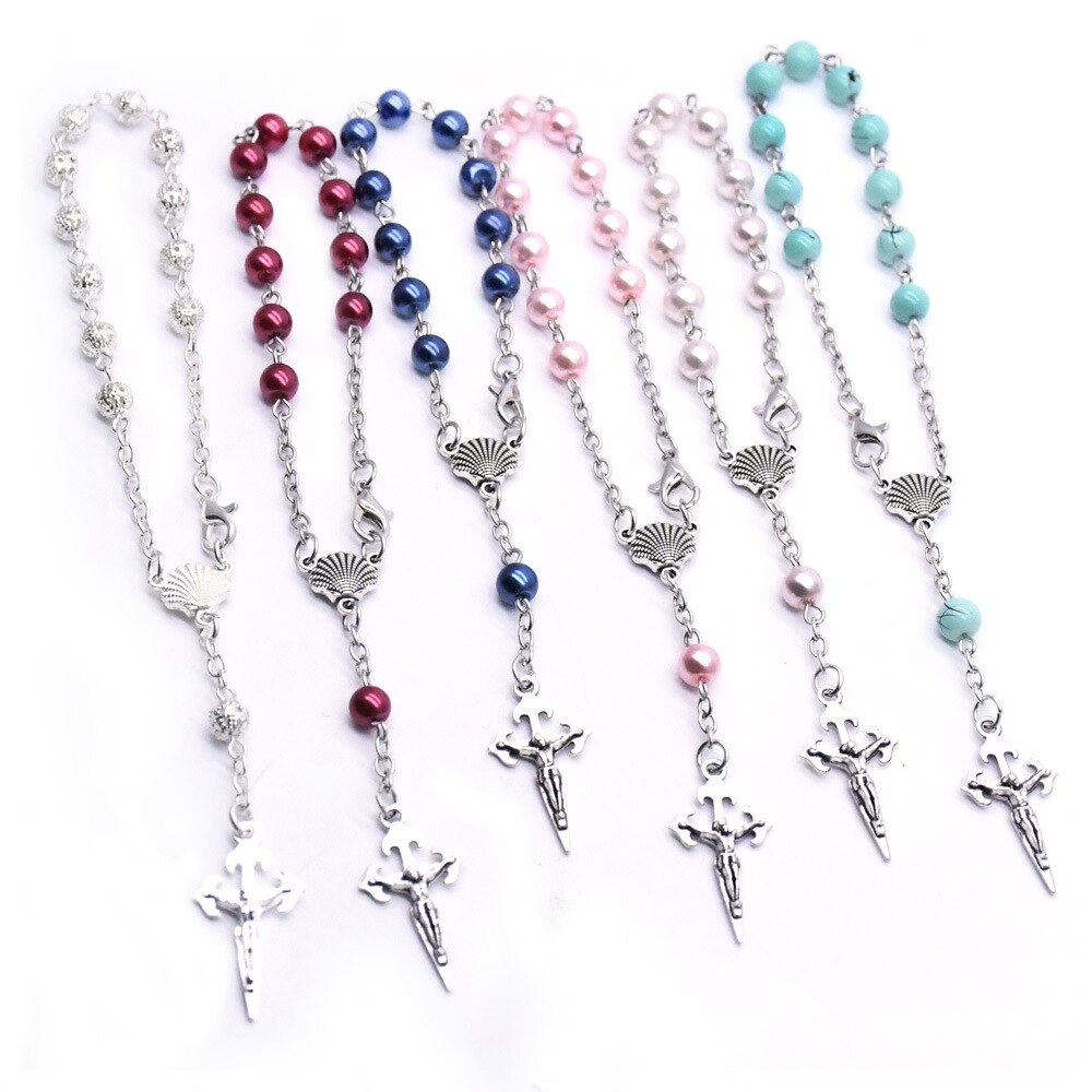 QIGO Santiago Religiöse Schmuck 6 mm Perle Jahrgang Kreuz Rosenkranz Armbinde Mit einem kunststoff Kasten Strang Armbinde Für Männer Frauen