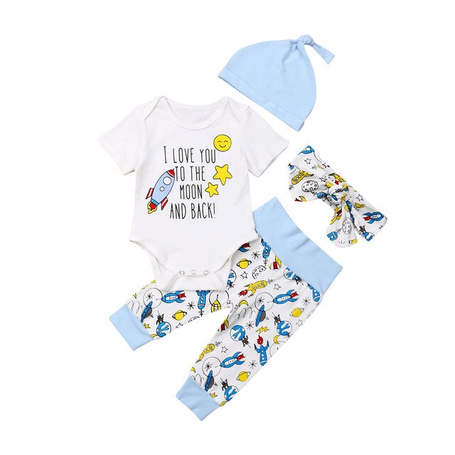 Baby Zomer Kleding Baby Kids Baby Meisje Jongen Kleding Cactus Print Korte Mouw Romper Tops + Broek + Hoofdband + hoeden 4 stuks Sets: Cartoon Print / 3M