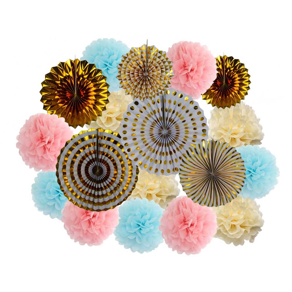 Lente Party Favor Goud Groen Set Vouwen Opknoping Papier Pom Pom Fans Baby Shower Kids Meisje Jongen Verjaardag Decoratie: Gold Pink Beige