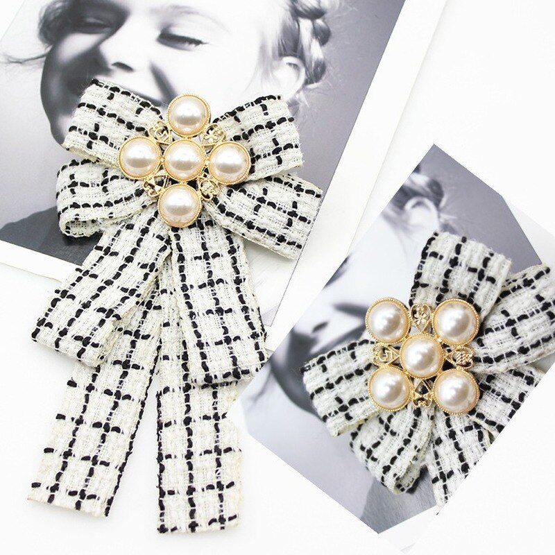 Spilla classica con fiocco stampato a strisce scozzesi perle di tela papillon corpetto colletto spille per donna camicia colletto abbigliamento gioielli