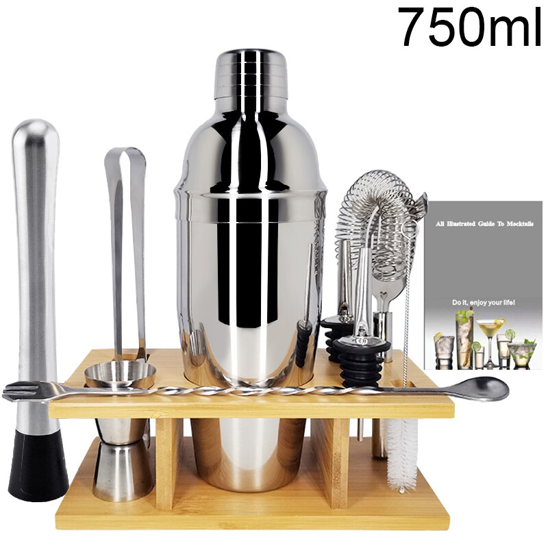 1-9 Pcs Stainless Steel Cocktail Shaker Bar Tools with Wood Stand Muddler Strainer Ice Clip Bottle Stopper Recipe Book: 750ml Shaker Rack