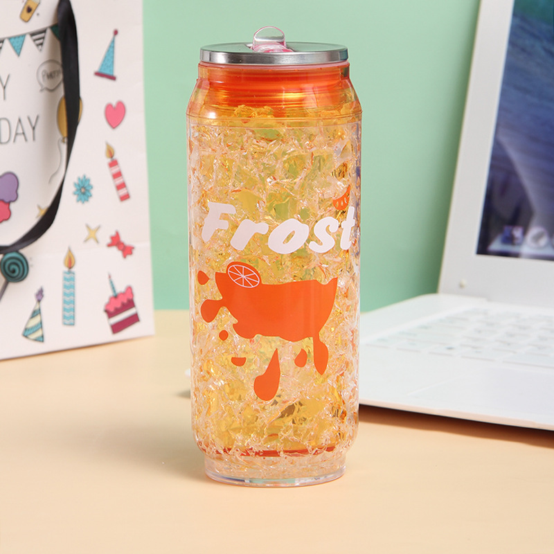 Śliczne dwuwarstwowa plastikowa butelka wody koksowniczej zgnieciona słoma lodowa 450ml kubek BPA bezpłatne naciskać pokrywa podróż oraz wycieczka Puchar prezent urodzinowy: pomarańczowy