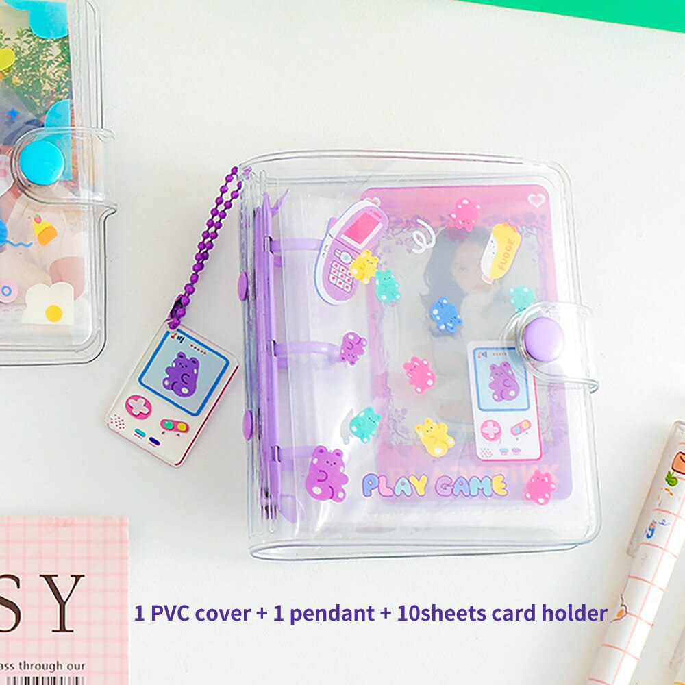 3Holes Mini PVC Loose Leaf Diary Transparent Pocket Small Journal Traveler Notebook Cute Cartoon DIY Planner Set: new purple set