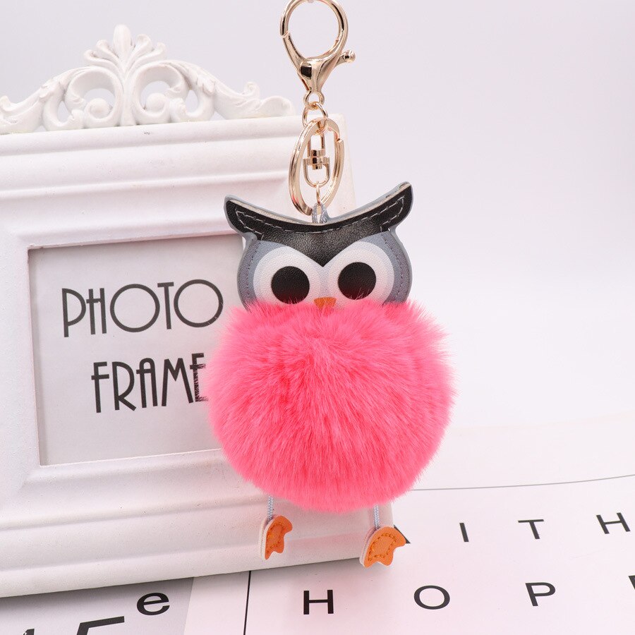 Sød pompon ugle nøglering pom nøglering kanin pels bold pompon fluffy læder nøglering plys nøgleringe: Sølv