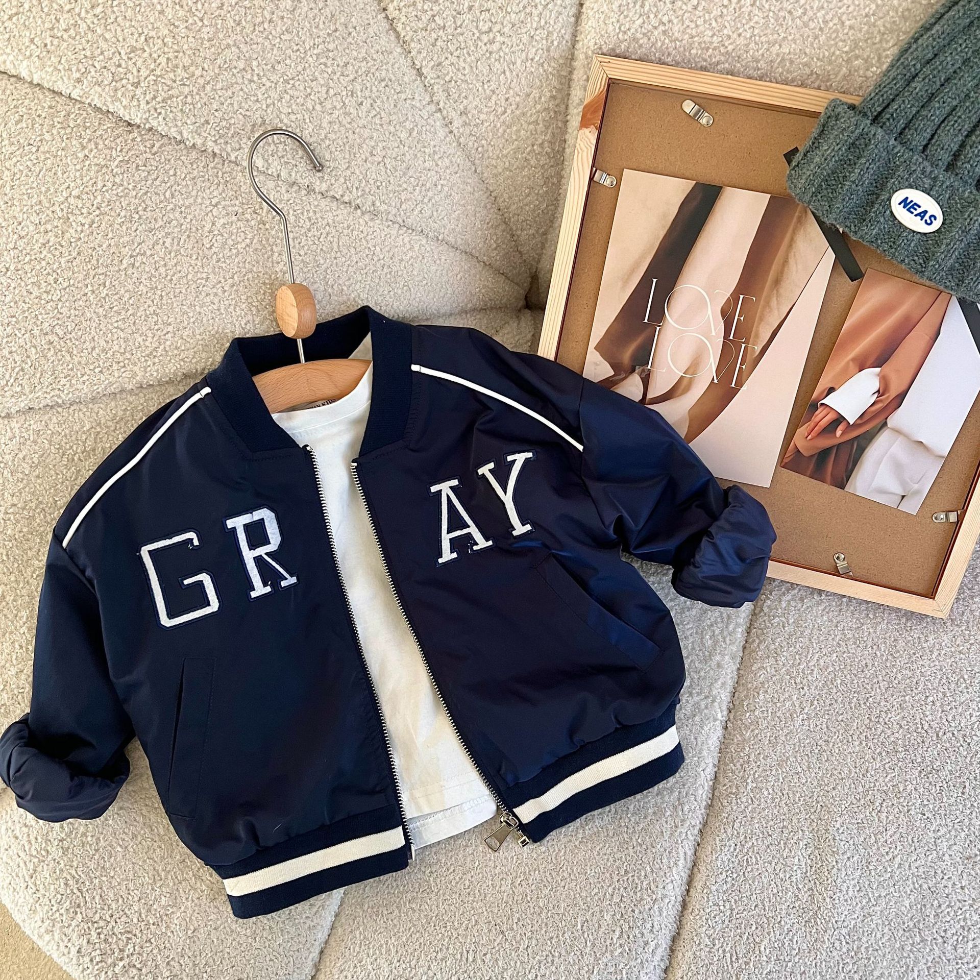 Kids 'Overjas 2022 Lente Jongens En Meisjes Baseball Jas Baby Korte Zip-Up Shirt Kids Kleding: Dark Blue / 110cm