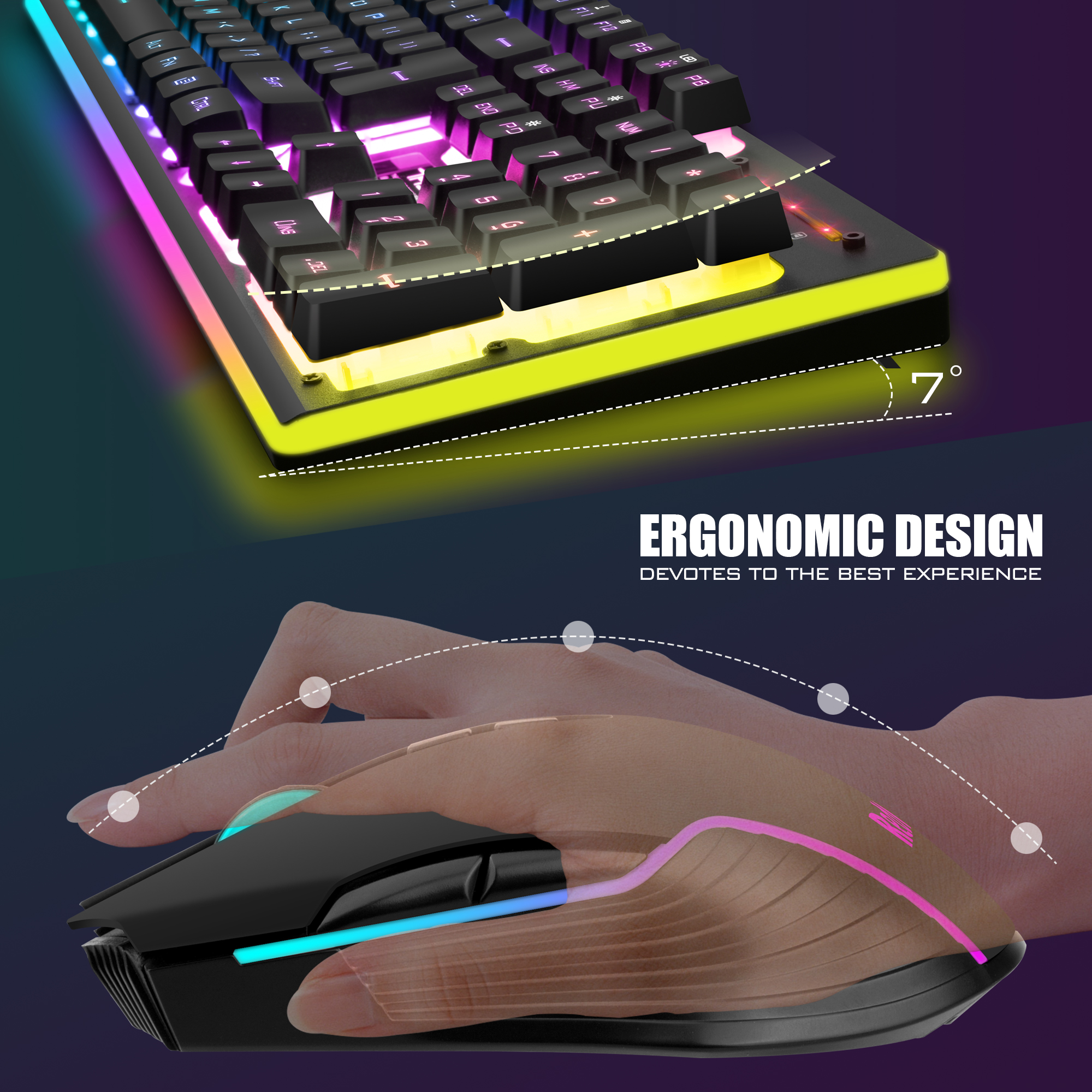 Redthunder  k10 trådløst gaming tastatur og mus combo, led baggrundsbelyst genopladeligt 3800 mah batteri, mekanisk fornemmelse anti-ghosting