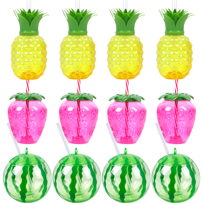 Tasse à boire en plastique en forme d'ananas/fraise/pastèque avec paille, décor hawaïen, fournitures de fête d'été sur la plage et la piscine, 6/8 pièces