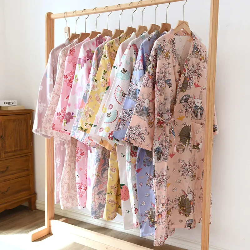 Albornoz tipo kimono de algodón para mujer, ropa de casa holgada, pijamas, batas para mujer, cárdigan estampado multicolor, ropa para dormir, bata para mujer