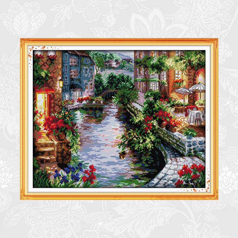 Kits de points de croix DMC | Toile imprimée comptée à motifs de paysage tranquille, bricolage broderie au point de croix