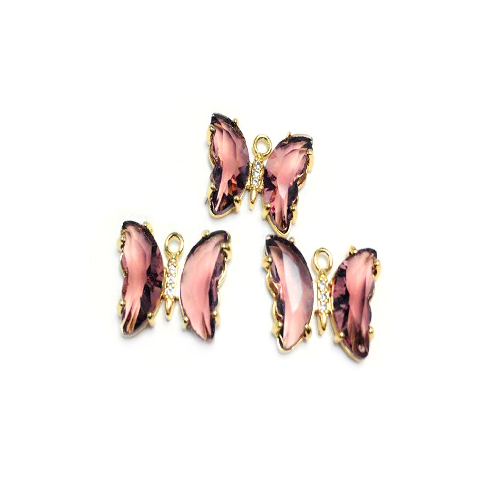 Breloques papillon en laiton, Zircon et verre, 15x20MM 24K, couleur Champagne or, pendentifs, fournitures pour la fabrication de bijoux, résultats de bricolage, 10 pièces: Brown Purple