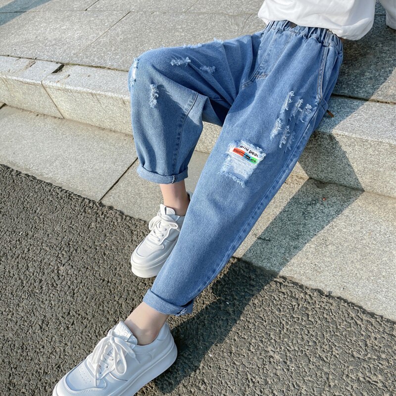 Nova moda crianças jeans rasgado para meninas adolescentes caber primavera outono calças de brim do bebê menina cintura elástica calças de brim criança calças casuais