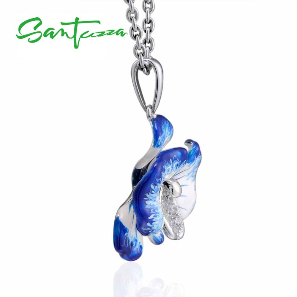 SANTUZZA flor azul anillo de plata de la joyería pendientes colgante conjunto para mujer Plata de Ley 925 de Chic, joyería hecha a mano, esmalte