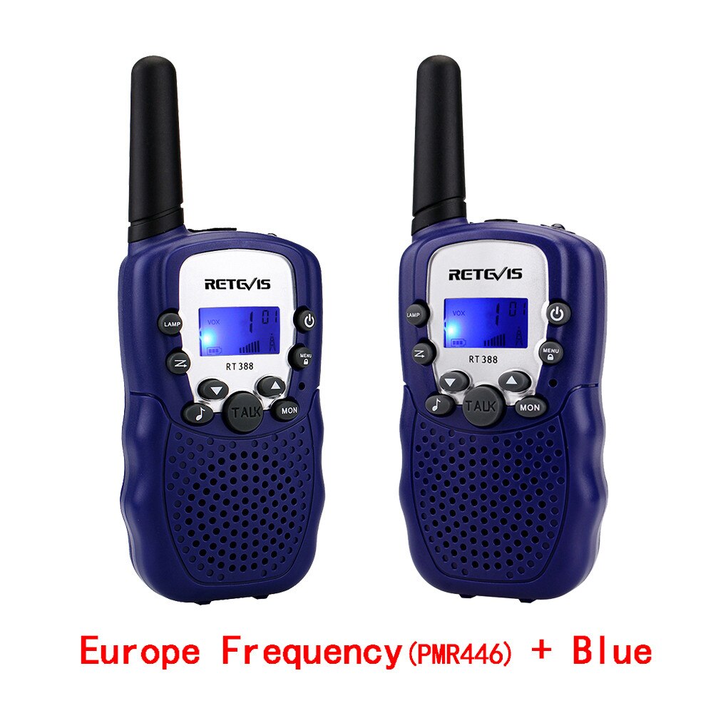 Mini rádio de duas vias para crianças, rádio duas peças de walkie talkie retevis rt388 pmr446 pmr frs/gmrs, transmissor prático para crianças headset woki toki + 2 peças: EU Freq and Blue