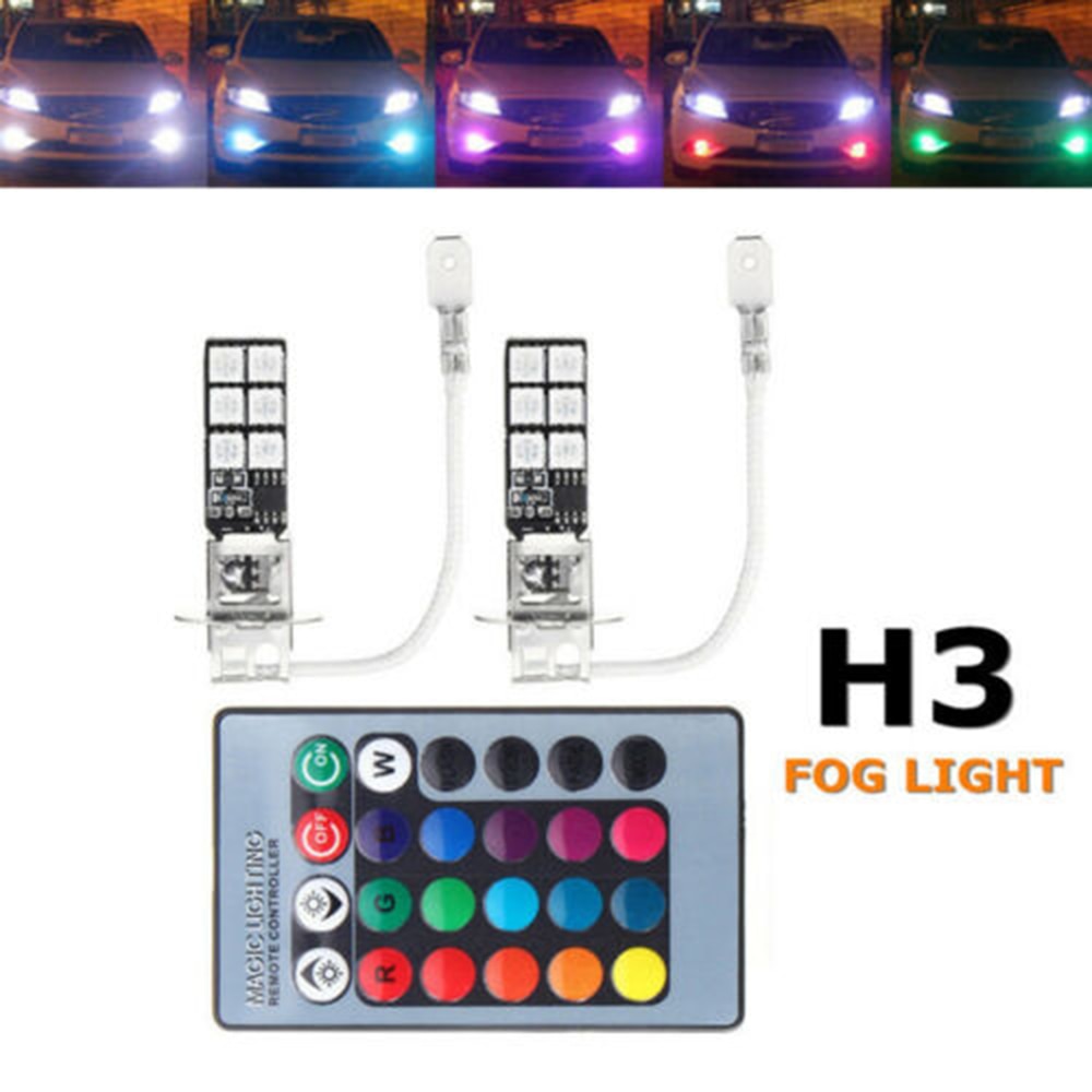 2pcs car fog lights H3 5050 RGB car lights fog light bulb + remote control LED 12SMD