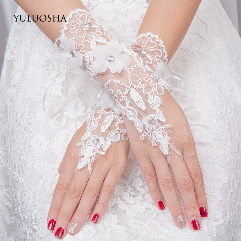 YULUOSHA Hochzeit Handschuhe für Braut Perlen Günstige Braut Handschuhe Hochzeit Handschuhe Finger Hochzeit Zubehör Weiß Spitze Handschuhe