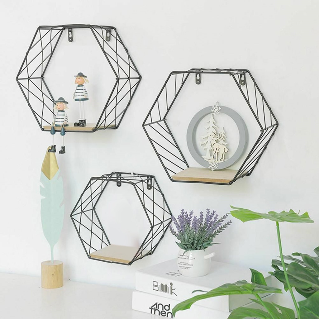 Rejilla Hexagonal de hierro estante de pared combinación colgante de pared figura geométrica decoración de la pared para sala de estar dormitorio # T