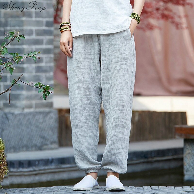 Pantalones bombachos de lino y algodón con cintura elástica para mujer, pantalón informal liso, novedoso, Q799
