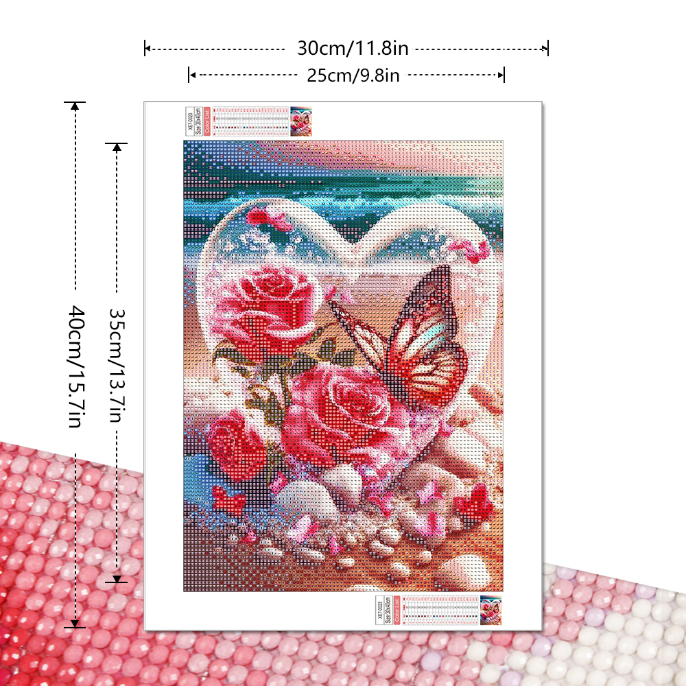 Mosaico de diamantes de mariposa rosa, pintura de diamantes redonda completa, corazón costero, artesanías, 30x40cm