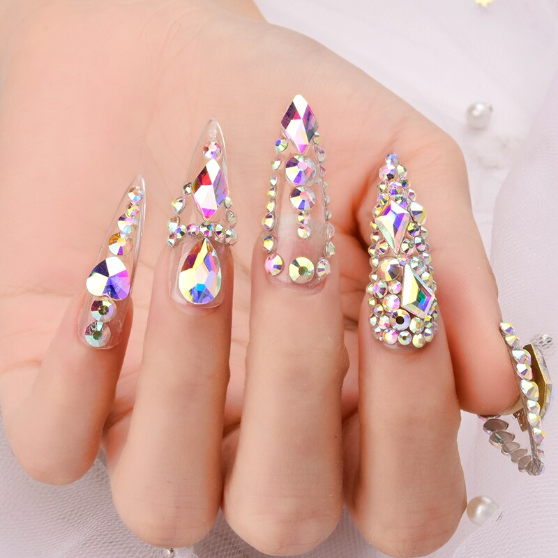 1 Box Nail Strass Ab Kleur Platte Terug Bottom Bling Crystal Mixed Size Vorm Gems Kralen Kleurrijke 3D Nail Art decoraties