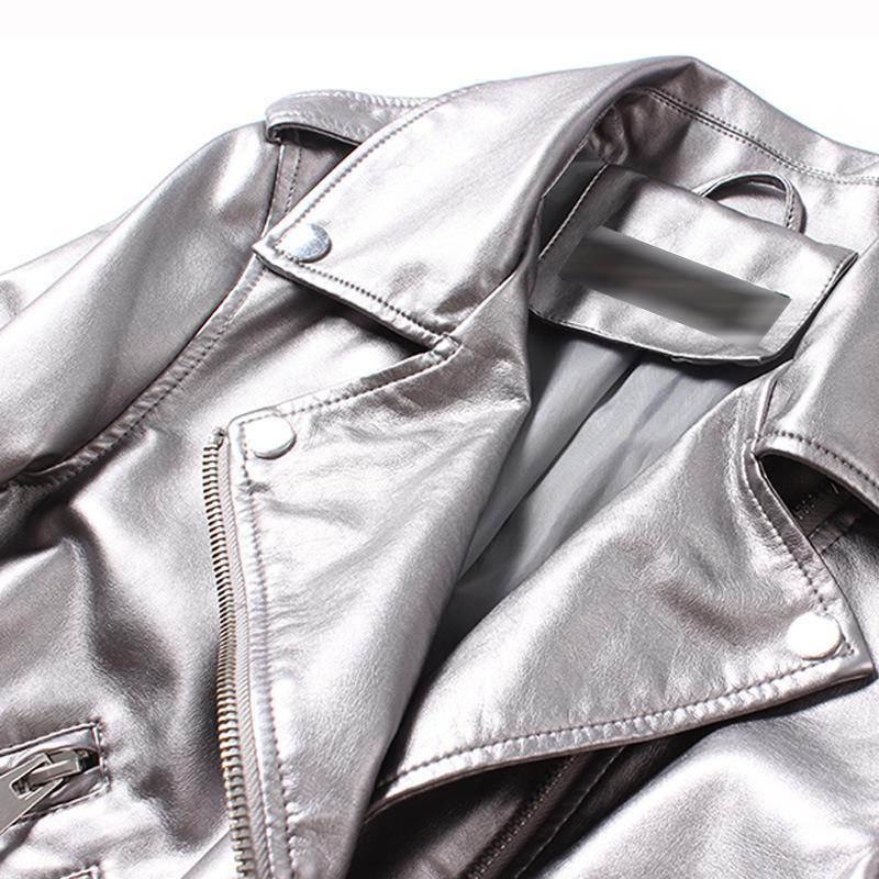 Womens Short Parka Coat Leather Biker Silver Motorcycle Zipper Jackets Outerwear