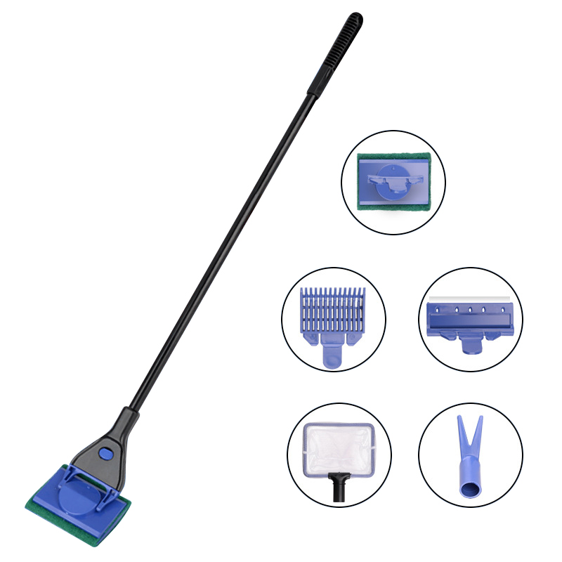 5 In 1 Aquarium Cleaning Tools Aquarium Glasreiniger Set Fish Net Grindhark Algen Schraper Vork Spons Aquarium accessoires: 5 in 1 cleaning set