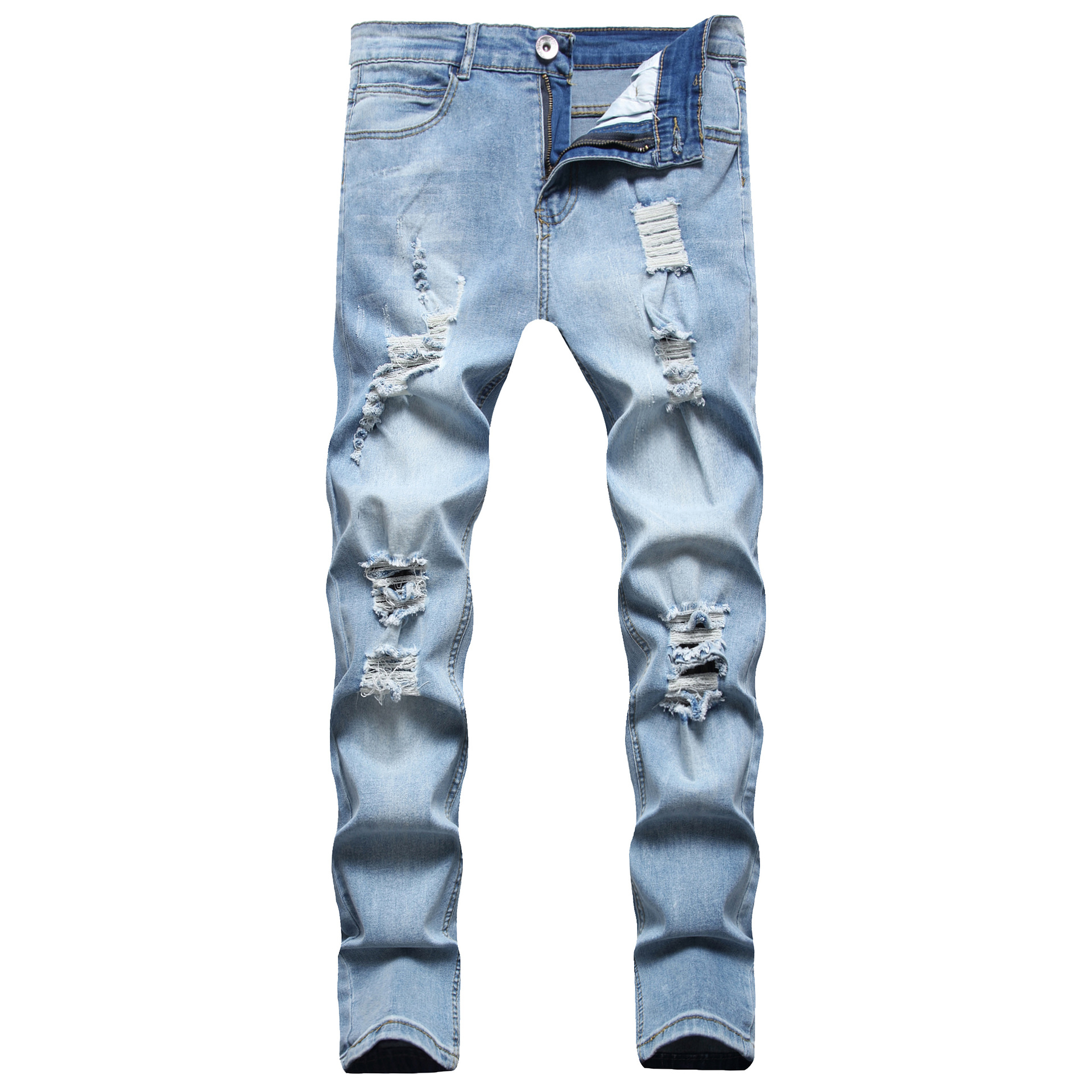 Y2k Mannen Jeans Casual Jeans, effen Kleur Lange Broek Met Gebroken Gaten Slim Kleine Voeten Mannen Ripped Broek