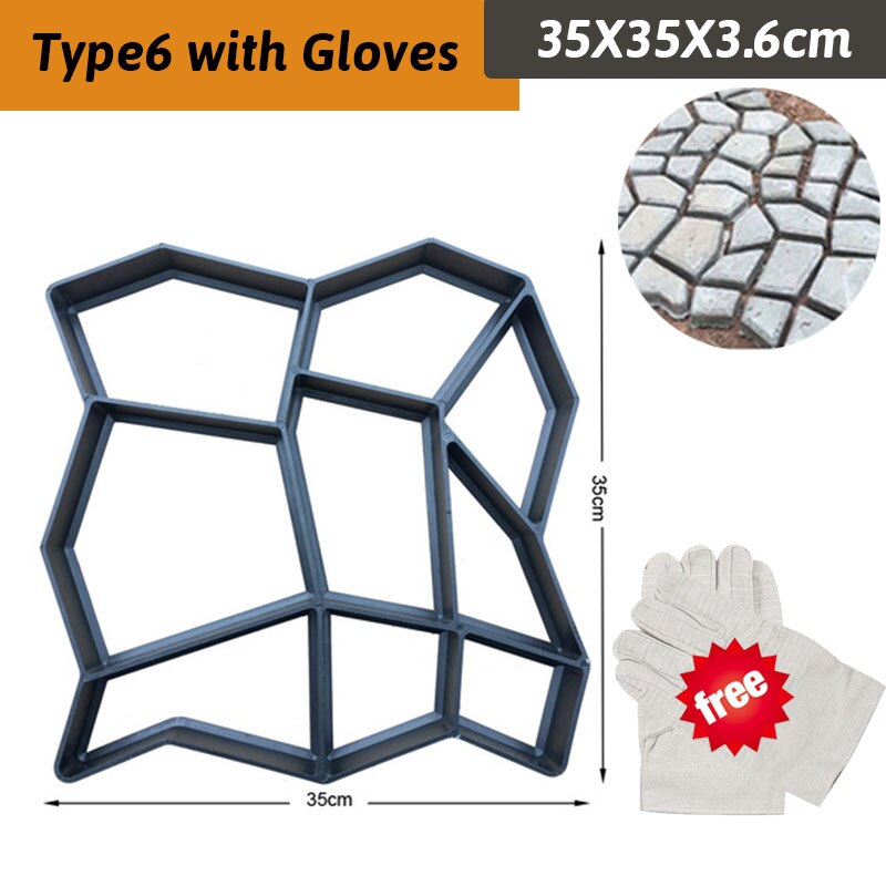 12Type DIY Garden Walk Pavement Mold Reusable Path Maker Concrete Molds Manually Paving Cement Brick Stone Road Concrete Molds: Type6 with Gloves