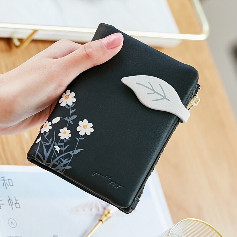 Women Wallet Leaf Pattern Hasp Ladies Purse soft pu Leather Small Short Wallets Female Zipper Coin Purse: Black