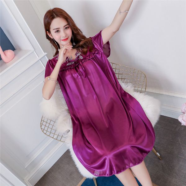 Sexy Summer Fat MM Ice Silk Nightdress Ladies Nightgown Casual Home Dress Pregnant woman Loose Sleepwear Sleepshirt Dress: dark purple