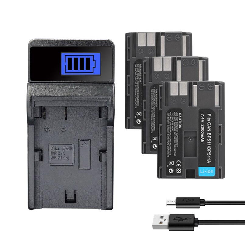 BP-511 BP511 BP-511A Battery For Canon EOS 40D 300D 5D 20D 30D 50D 10D D60 G6 BP511 FV40 FV30 FV100 200 Camera Batteries 2000mah: 1Charger 3Battery