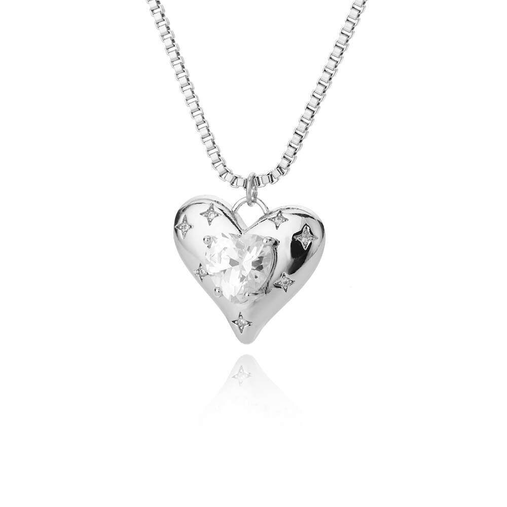 Crystal Heart Star Kettingen Voor Vrouwen Rvs Gouden Ketting Hart Hanger Ketting Choker Partij Sieraden Bijoux Femme: Silver Plated