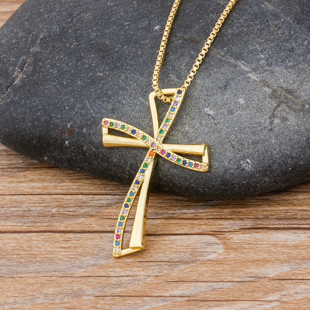 Regenboog Cross Koperen Hanger Gouden Ketting Ketting Aaa Zirconia Choker Kettingen Mode-sieraden Giften Voor Vrouwen